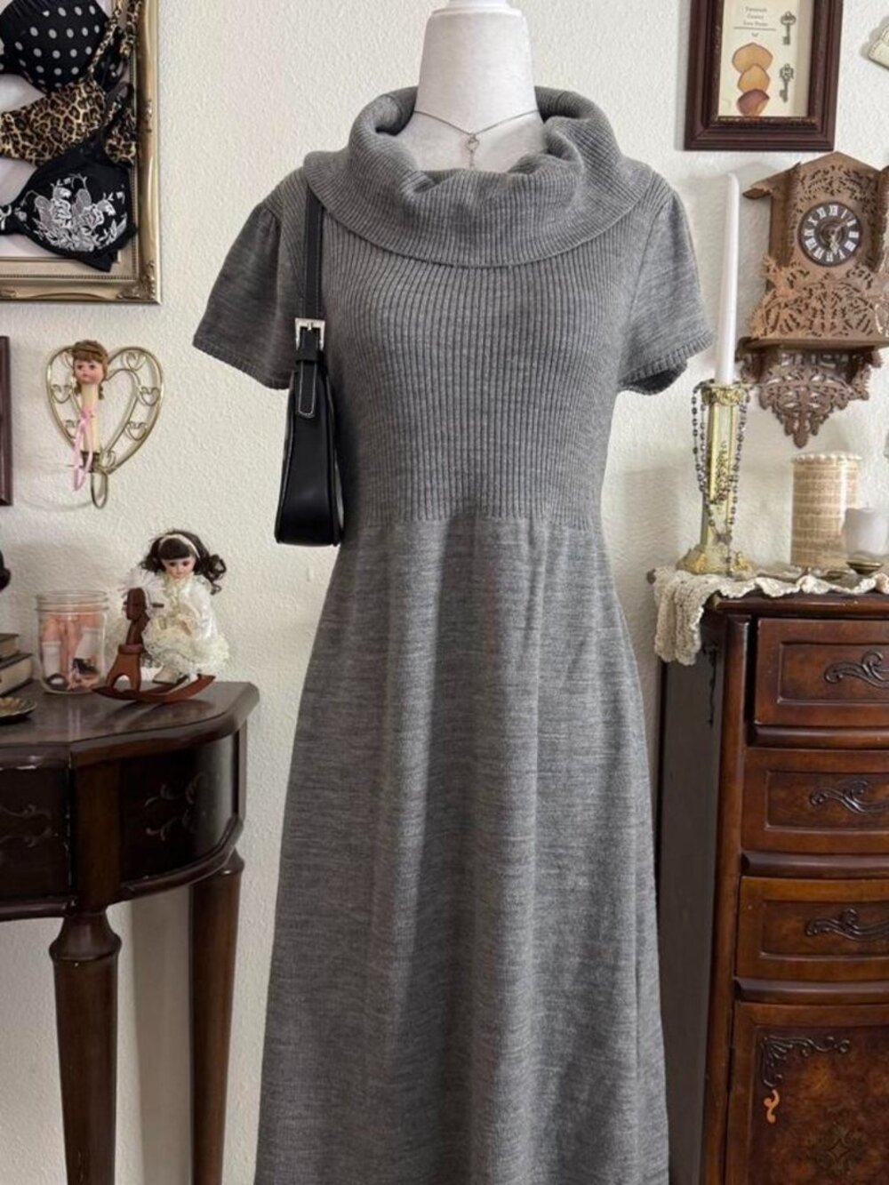 Preppy librarian-core girly grunge grey cozy knit cap sleeve midi length sweater